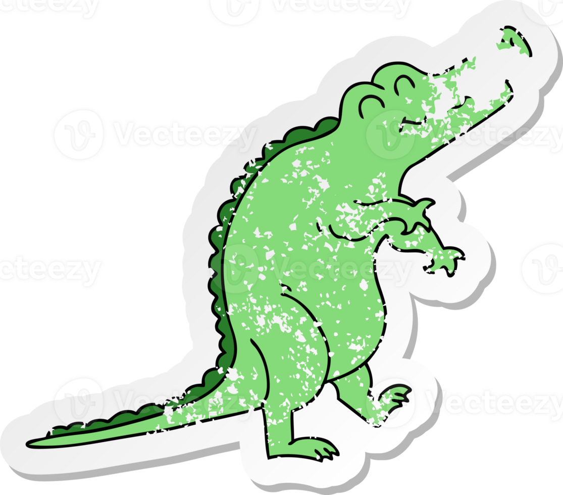distressed sticker of a quirky hand drawn cartoon crocodile png