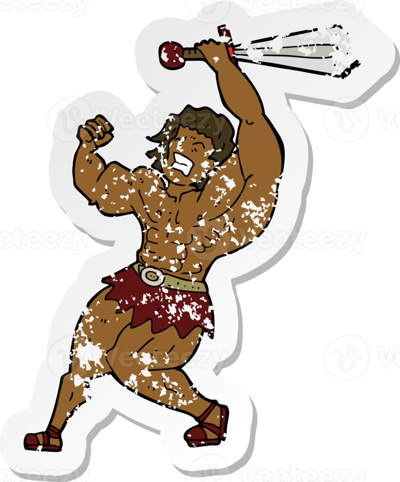 retro distressed sticker of a cartoon barbarian hero png