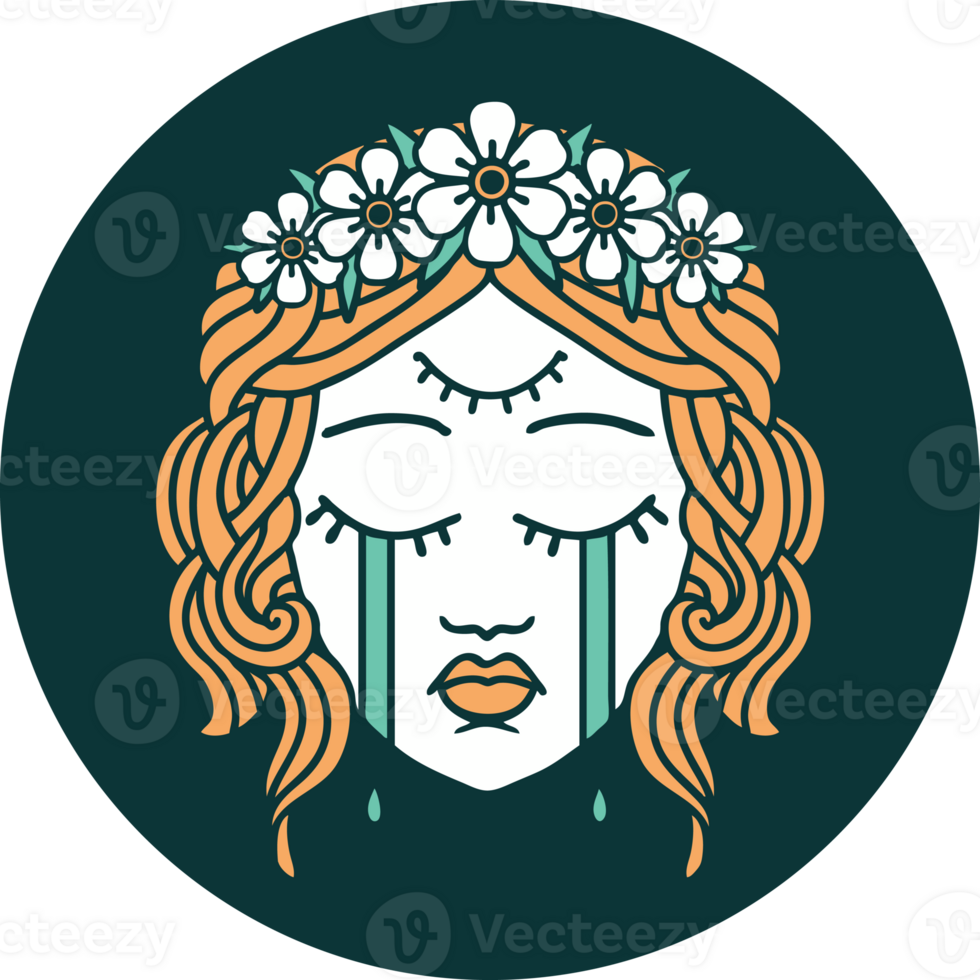 iconic tattoo style image of female face with third eye and crown of flowers cyring png
