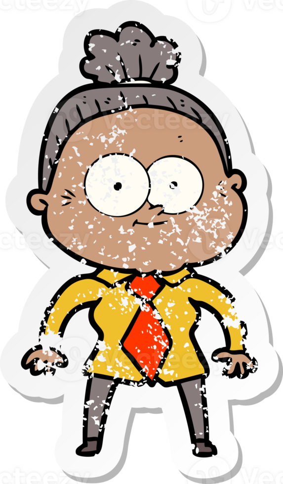 distressed sticker of a cartoon happy old woman png