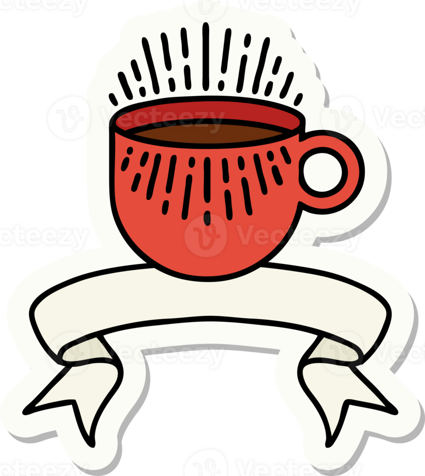 tattoo style sticker with banner of cup of coffee png