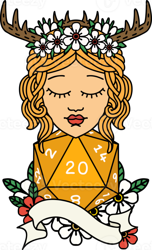 Retro Tattoo Style human druid with natural twenty dice roll png