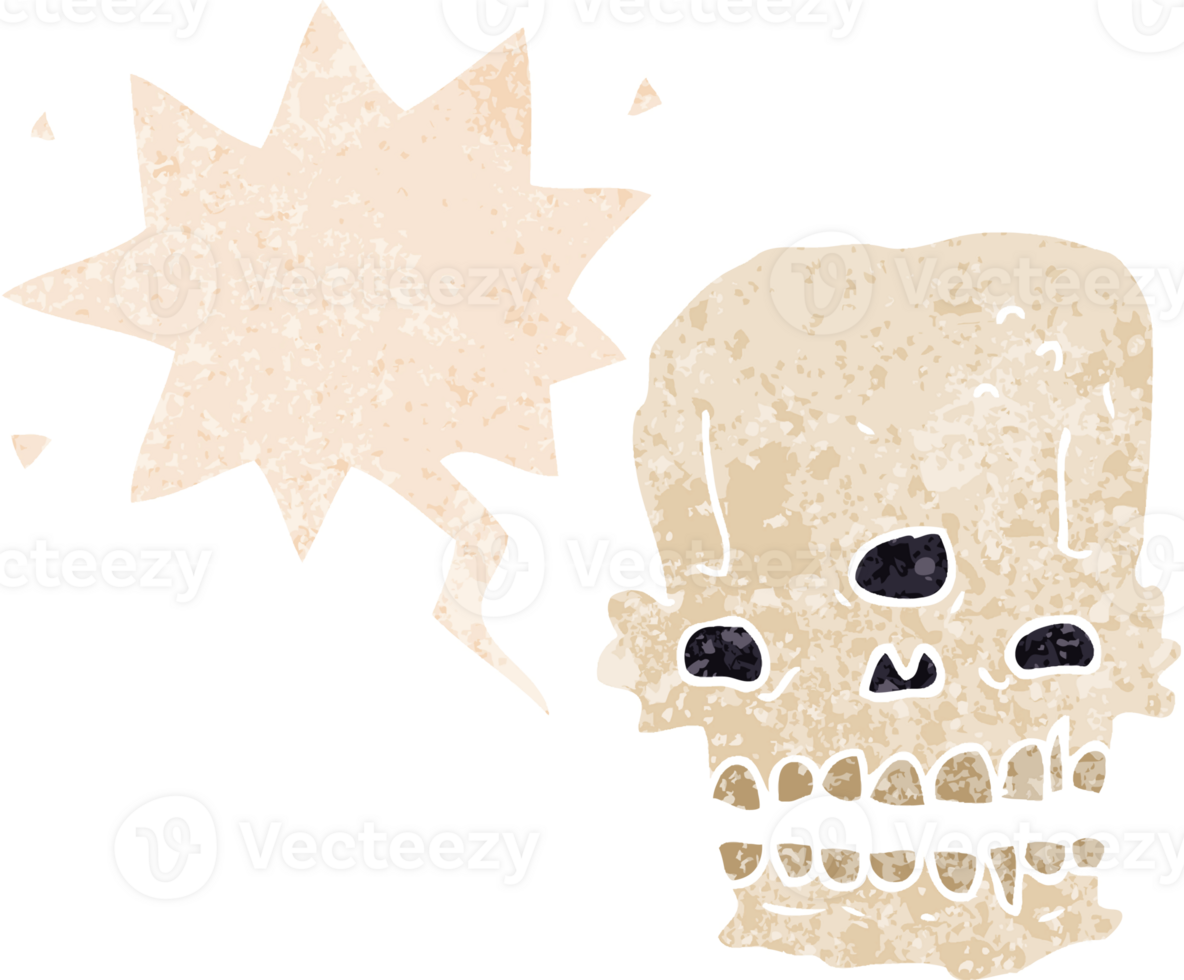 cartoon spooky skull with speech bubble in grunge distressed retro textured style png