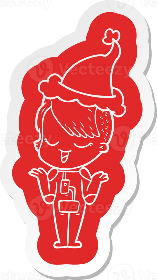 happy quirky cartoon  sticker of a girl in space suit wearing santa hat png