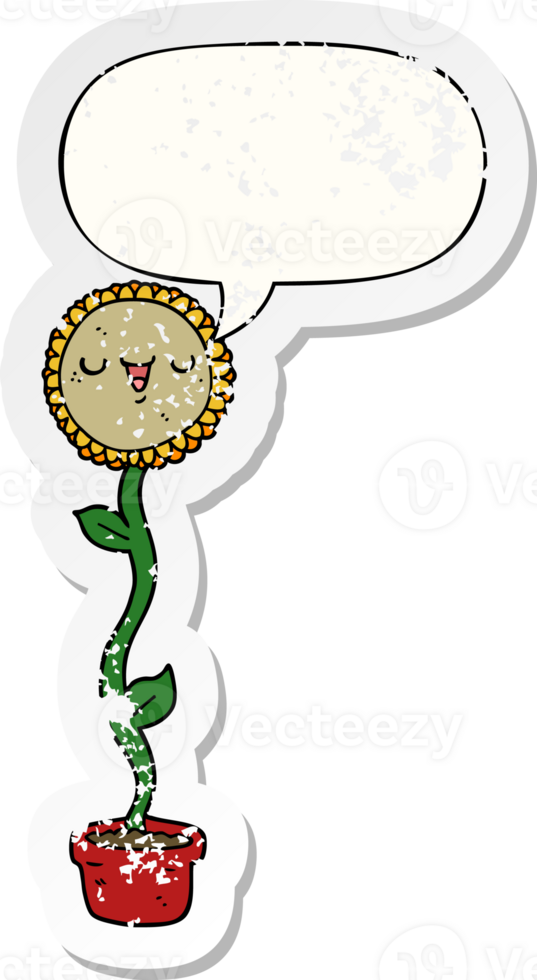 cartoon sunflower with speech bubble distressed distressed old sticker png