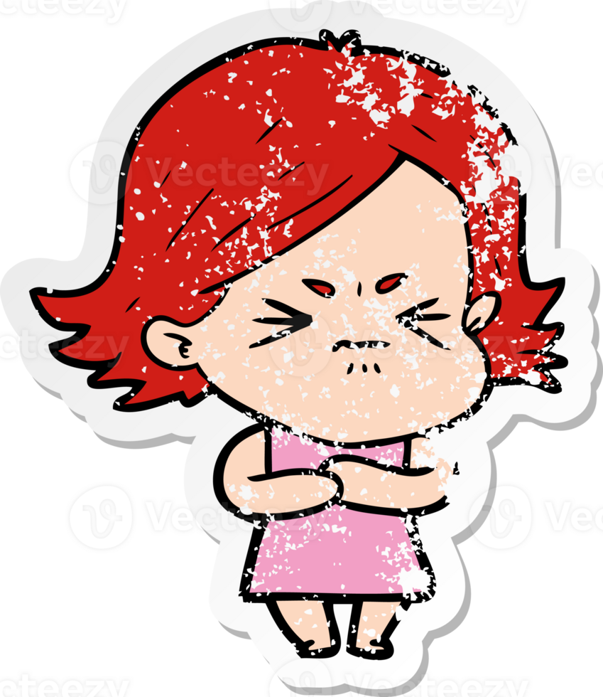 distressed sticker of a cartoon angry girl png
