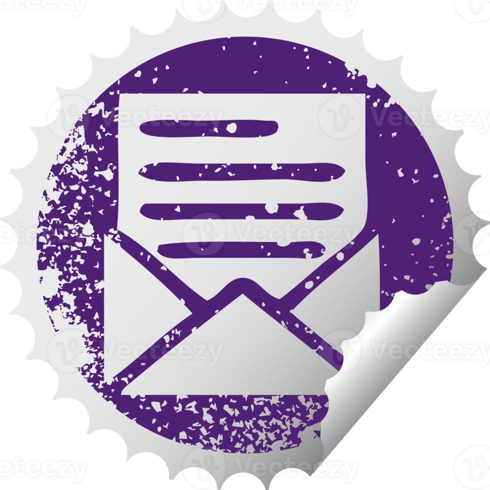 distressed circular peeling sticker symbol of a letter and envelope png