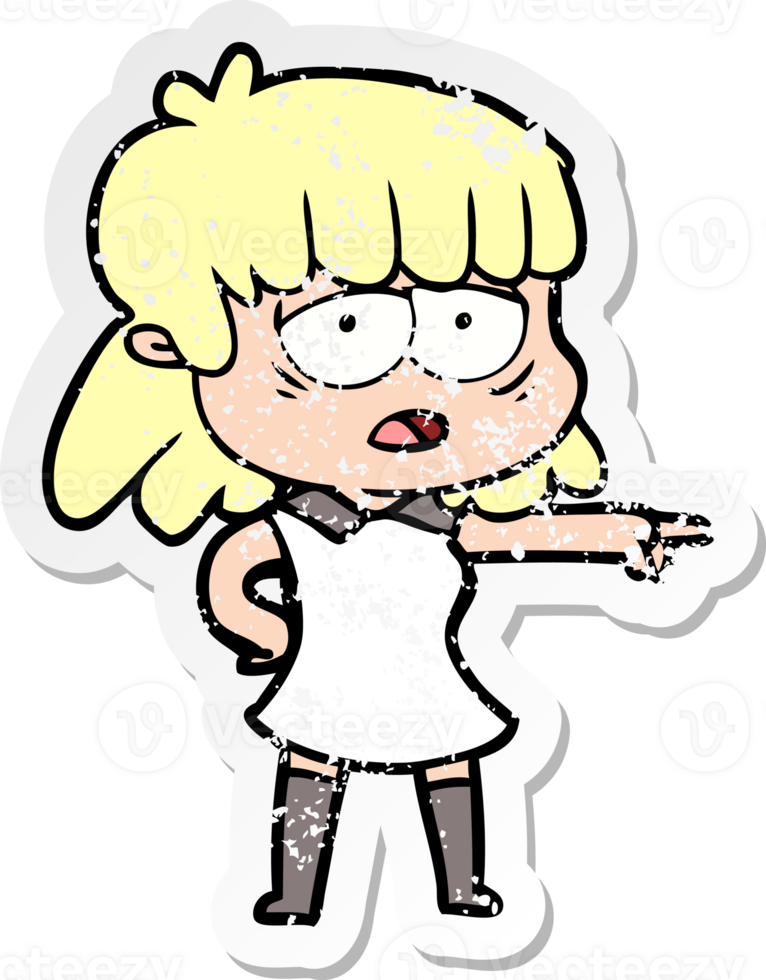 distressed sticker of a cartoon tired woman pointing png