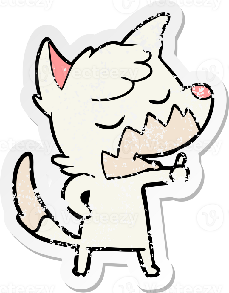 distressed sticker of a friendly cartoon fox giving thumbs up sign png
