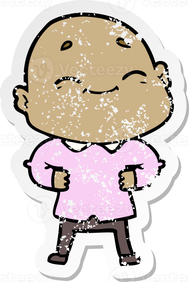 distressed sticker of a cartoon happy bald man png