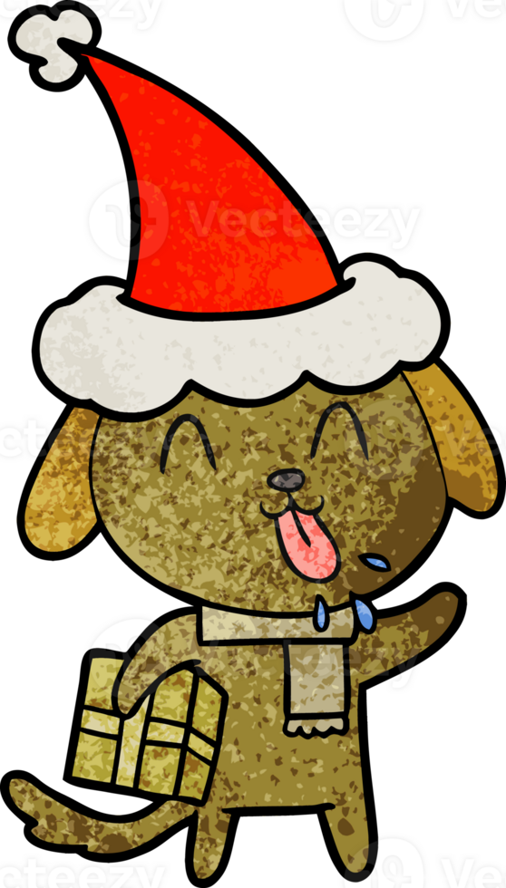 cute hand drawn textured cartoon of a dog with christmas present wearing santa hat png