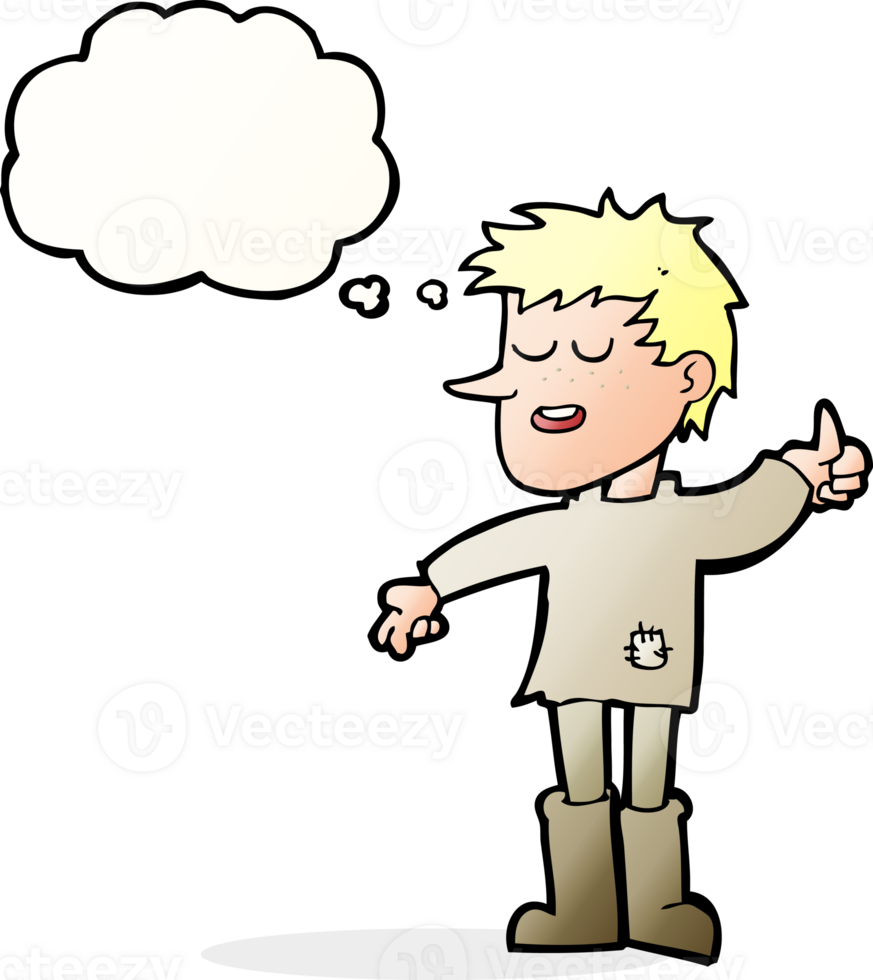 cartoon poor boy with positive attitude with thought bubble png