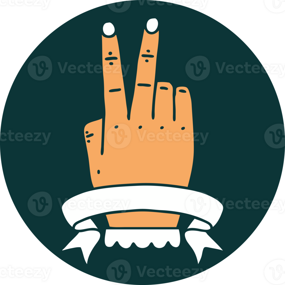 icon of victory v hand gesture with banner png
