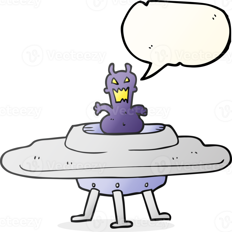 hand drawn speech bubble cartoon alien in flying saucer png