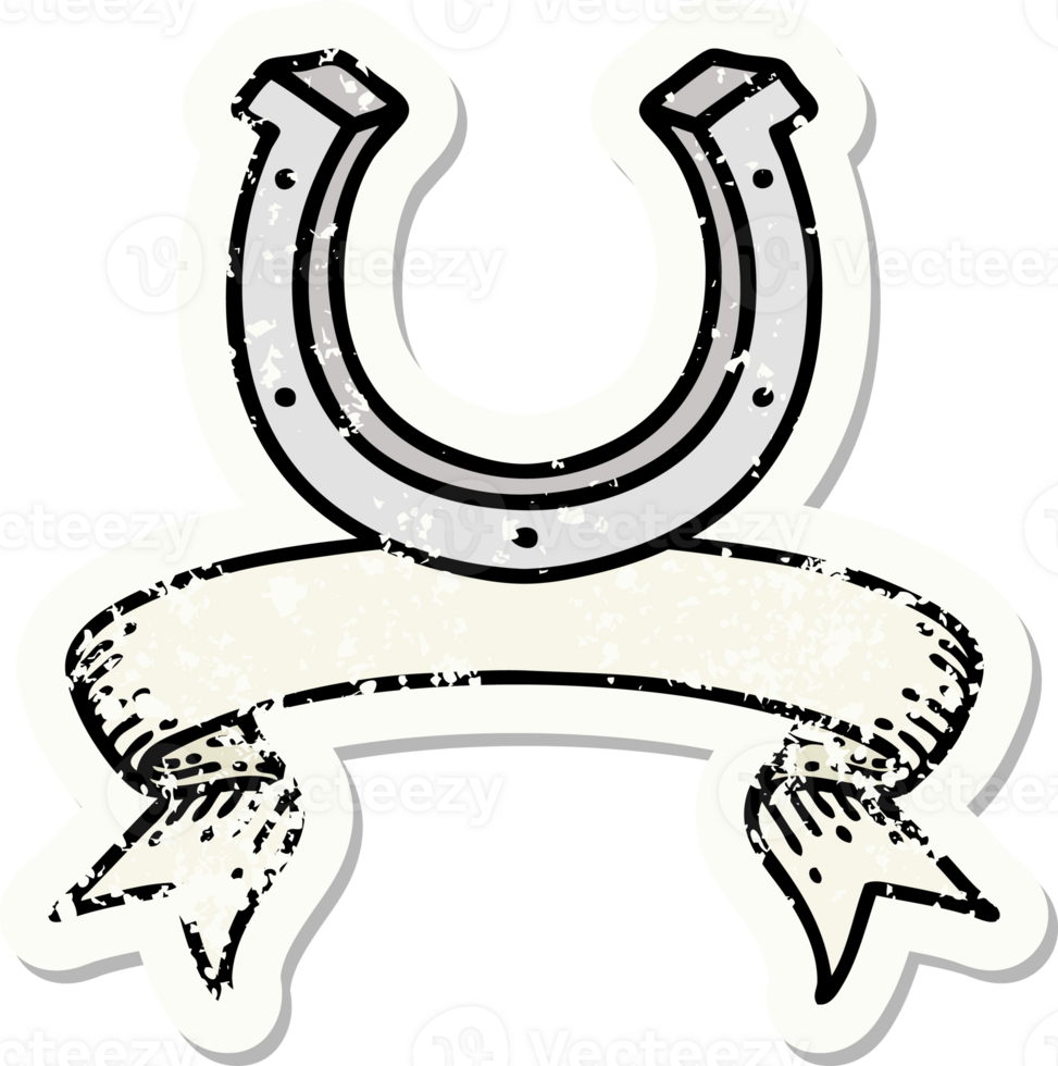 worn old sticker with banner of a horse shoe png