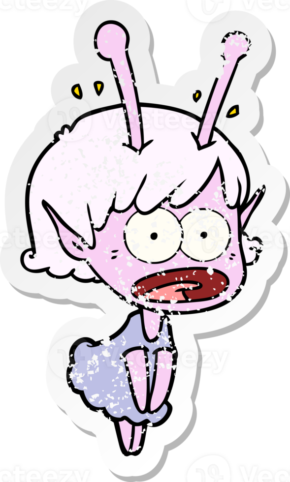 distressed sticker of a cartoon shocked alien girl png