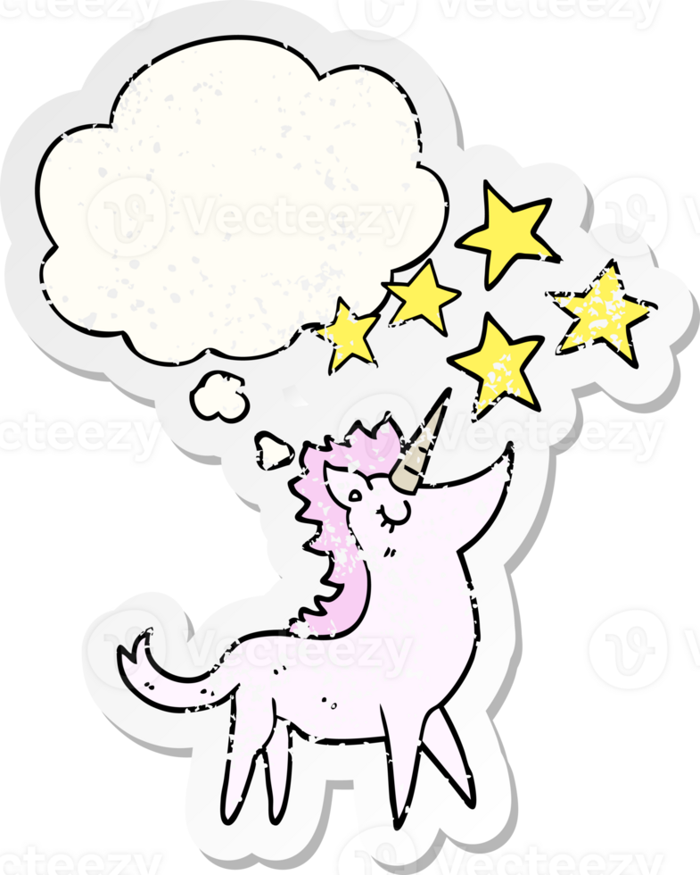 cartoon unicorn with thought bubble as a distressed worn sticker png