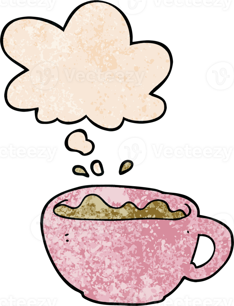 cartoon coffee cup with thought bubble in grunge texture style png