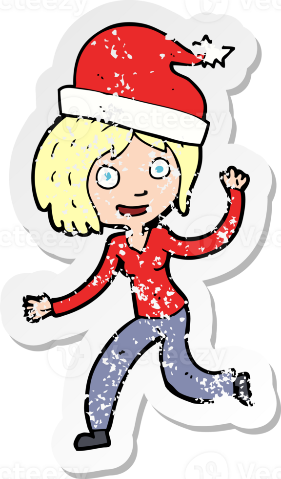 retro distressed sticker of a cartoon woman ready for christmas png