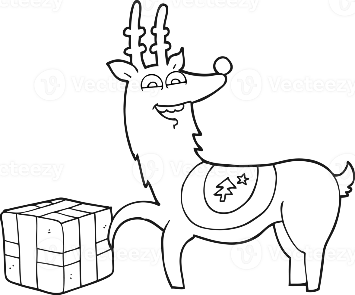 hand drawn black and white cartoon christmas reindeer with present png