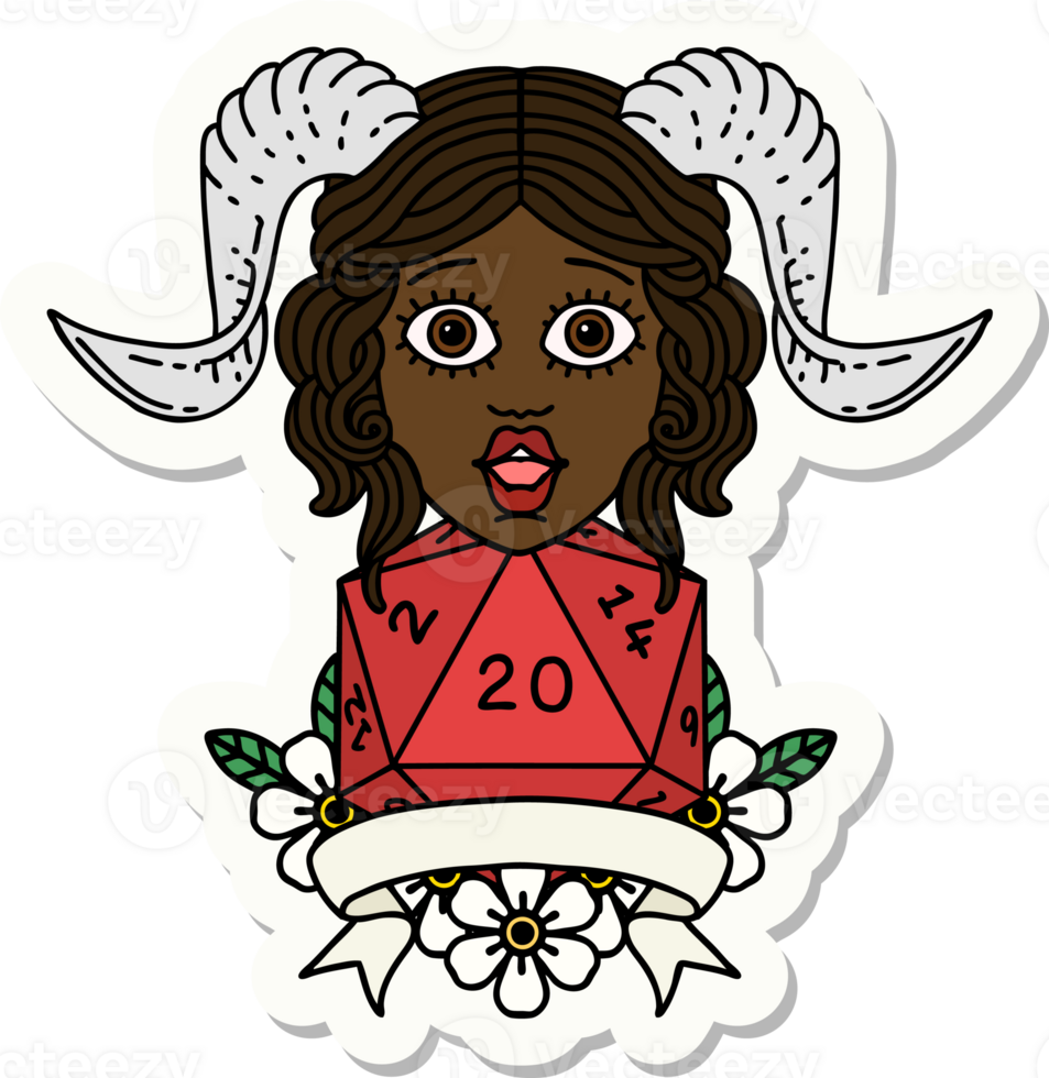 sticker of a tiefling with natural twenty dice roll png