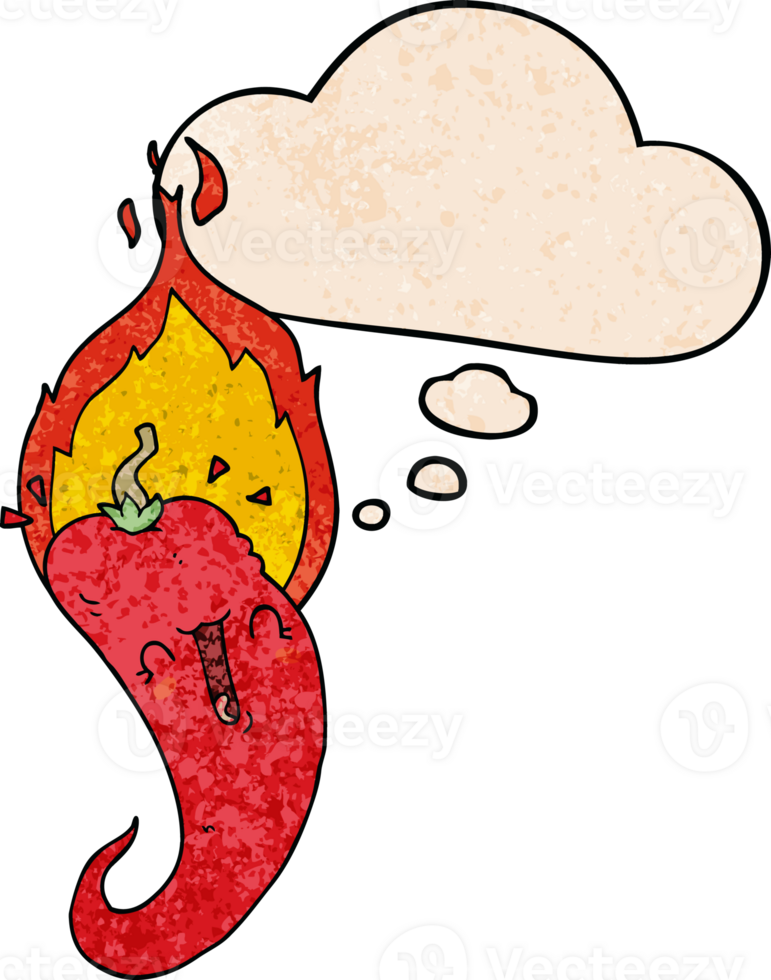 cartoon flaming hot chili pepper with thought bubble in grunge texture style png