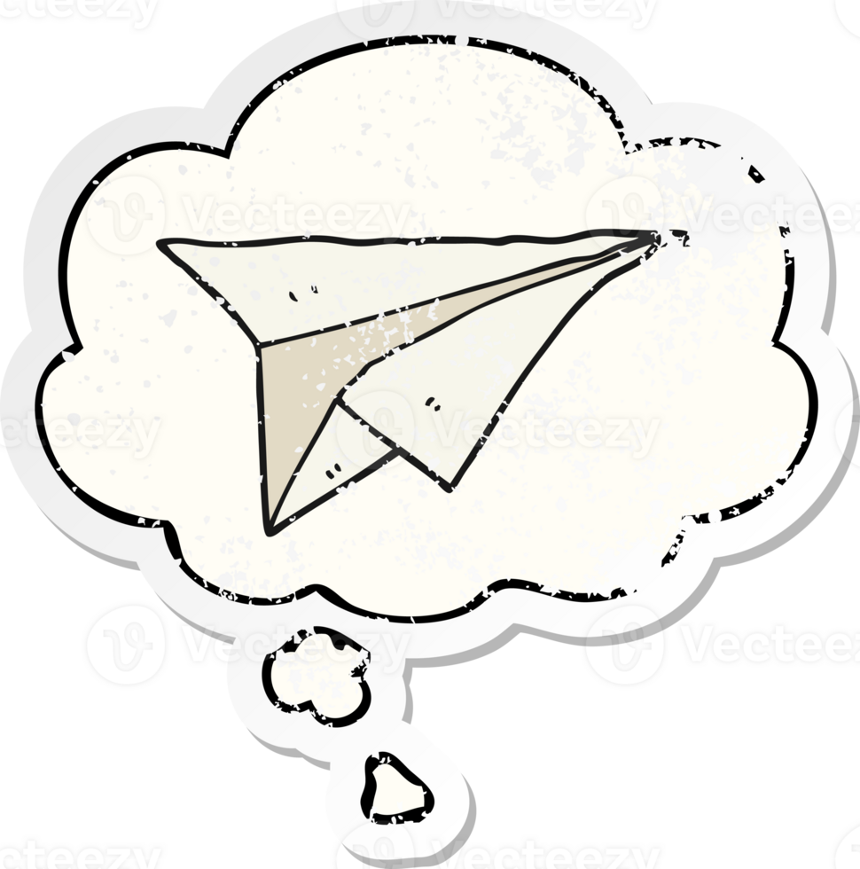 cartoon paper airplane with thought bubble as a distressed worn sticker png
