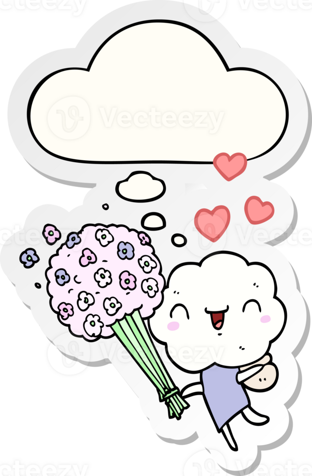 cute cartoon cloud head creature with thought bubble as a printed sticker png