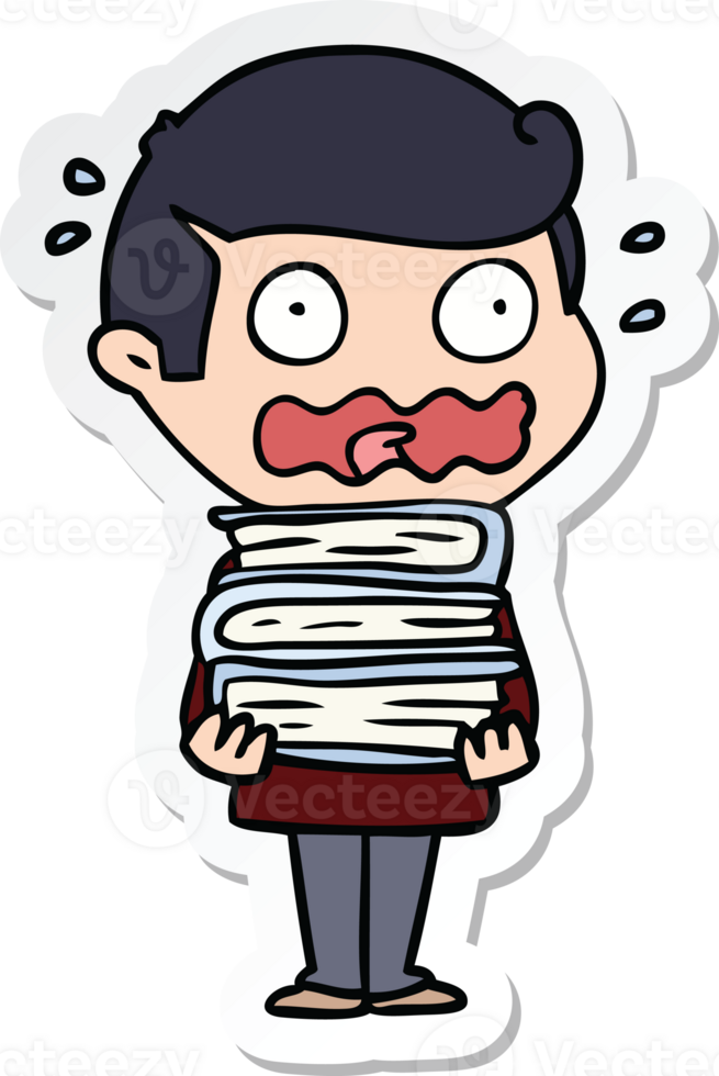 sticker of a cartoon man with books totally stressed out png