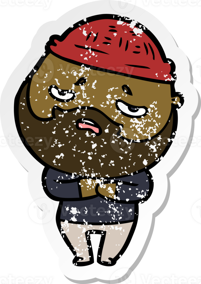 distressed sticker of a cartoon worried man with beard png