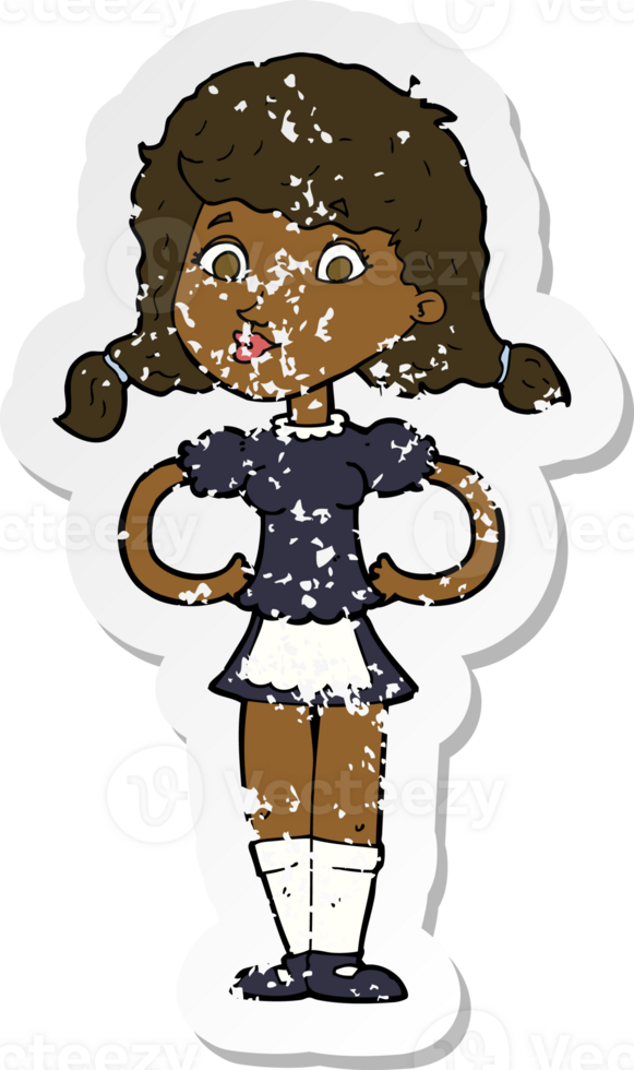 retro distressed sticker of a cartoon happy waitress woman png