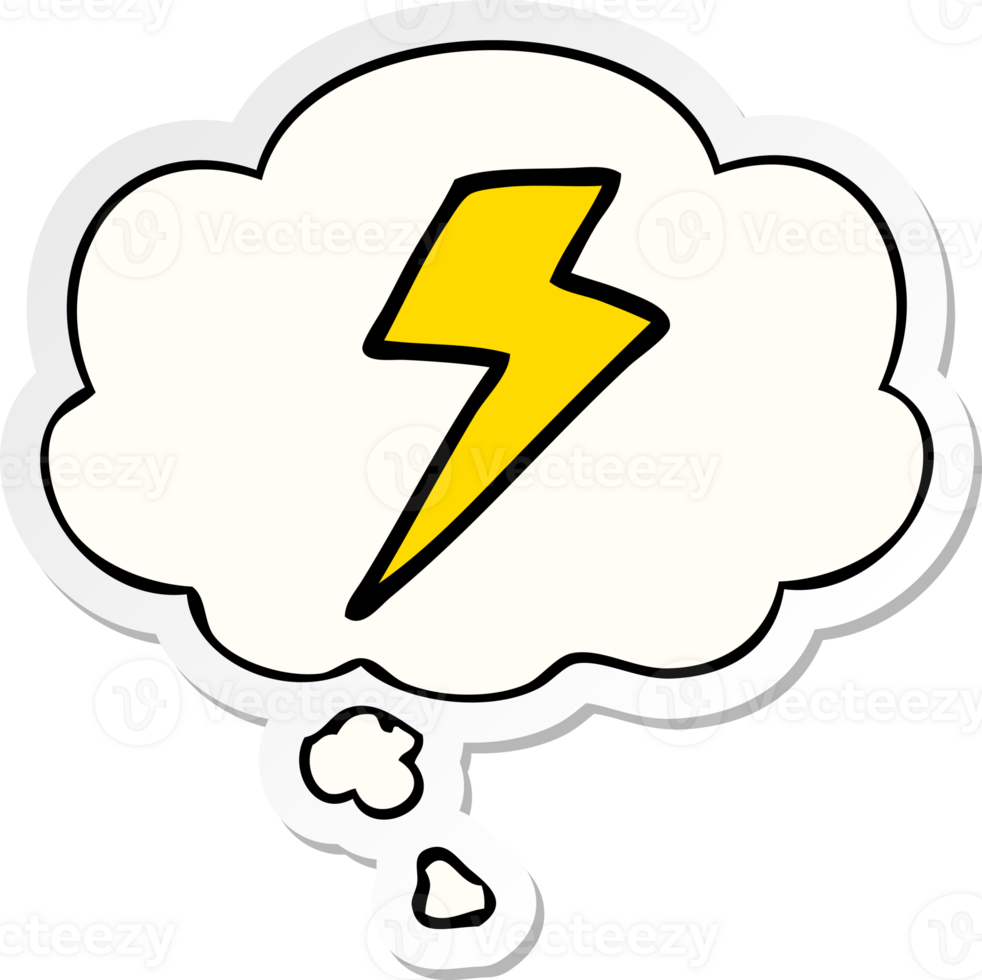 cartoon lightning bolt with thought bubble as a printed sticker png
