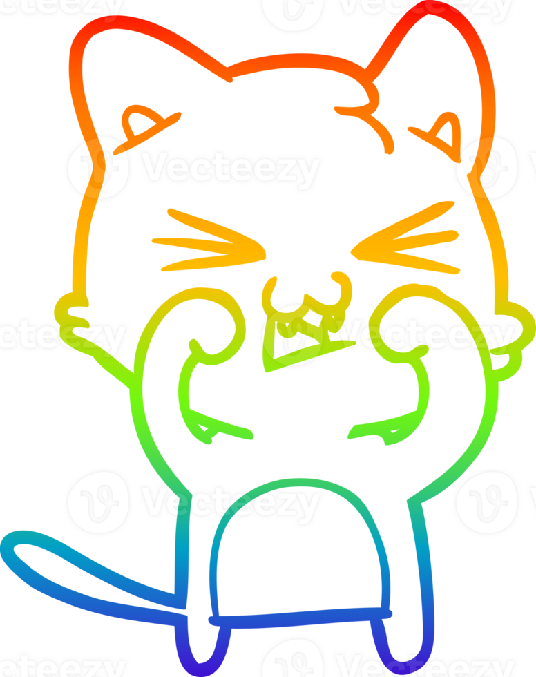 rainbow gradient line drawing of a cartoon cat hissing png