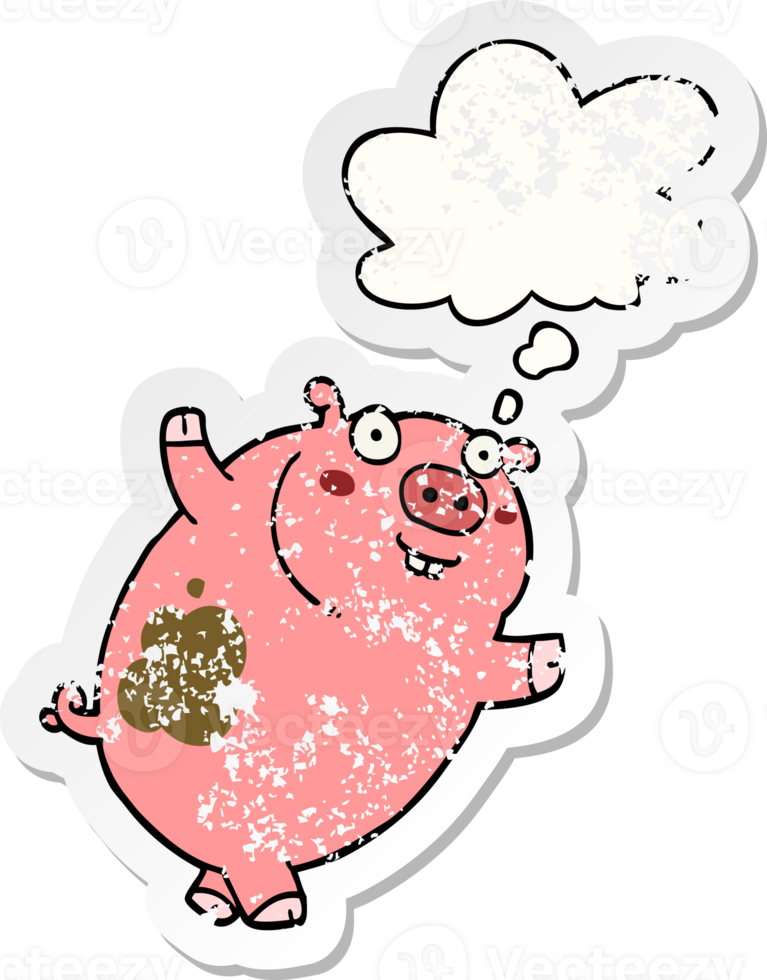 funny cartoon pig with thought bubble as a distressed worn sticker png