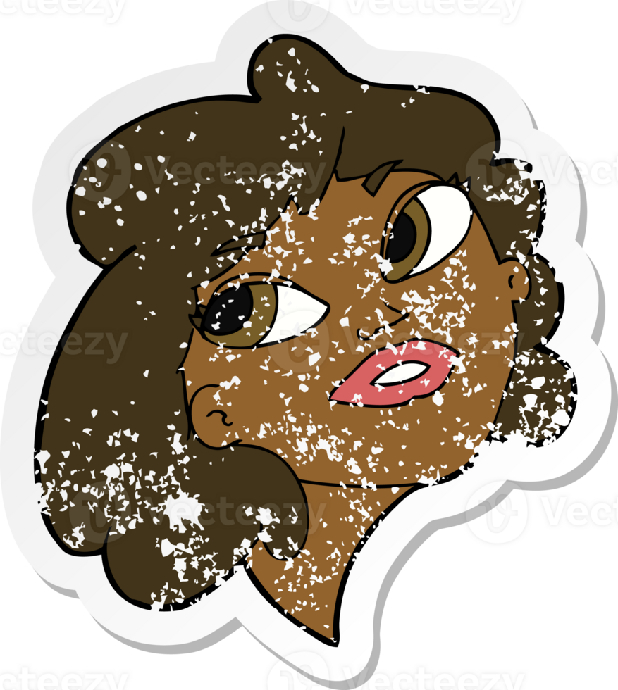 retro distressed sticker of a cartoon happy woman png