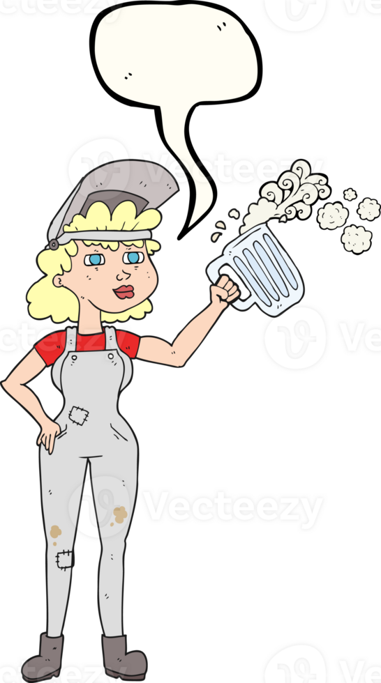 hand drawn speech bubble cartoon hard working woman with beer png