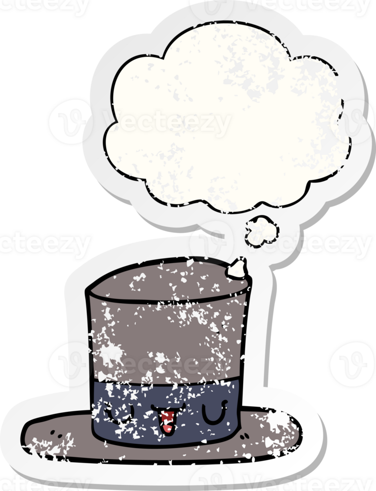 cartoon top hat with thought bubble as a distressed worn sticker png