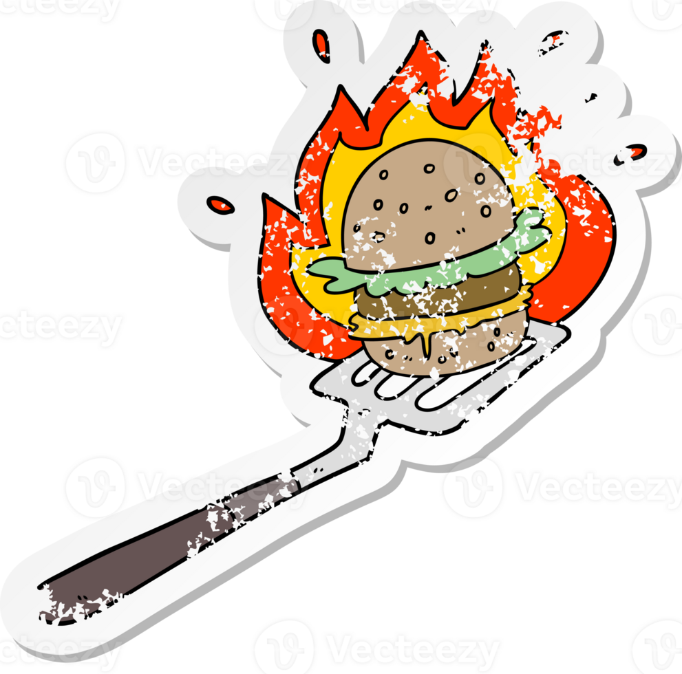 distressed sticker of a cartoon burger on spatula png