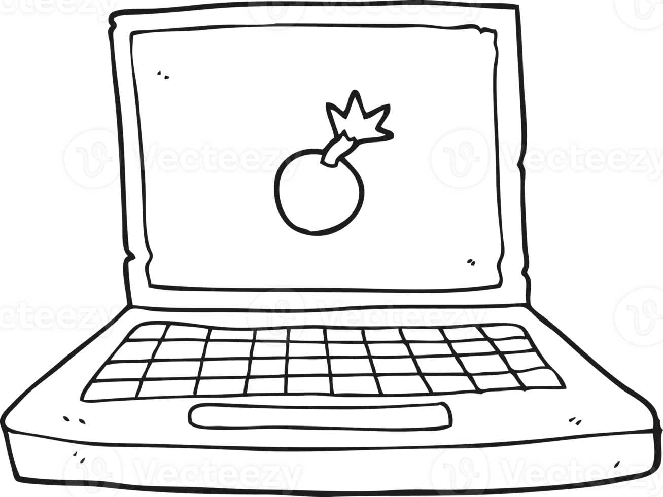 hand drawn black and white cartoon laptop computer with bomb symbol png