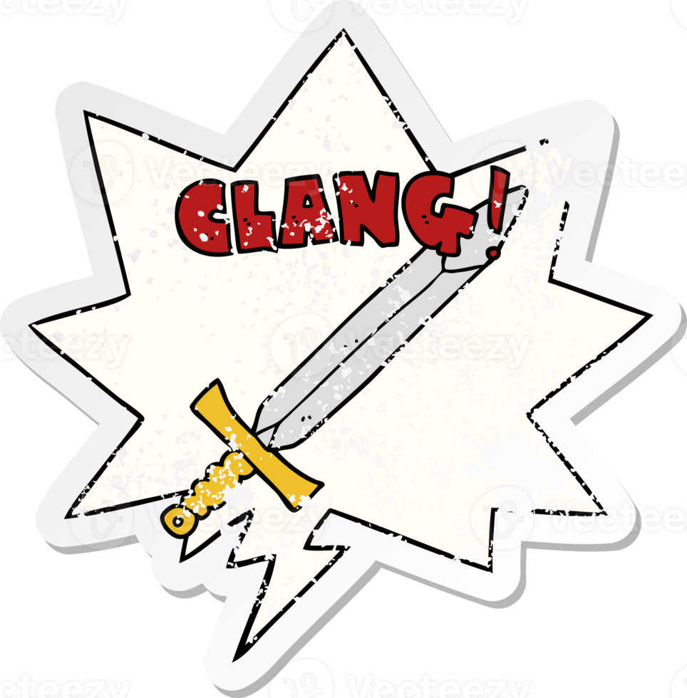 cartoon clanging sword with speech bubble distressed distressed old sticker png