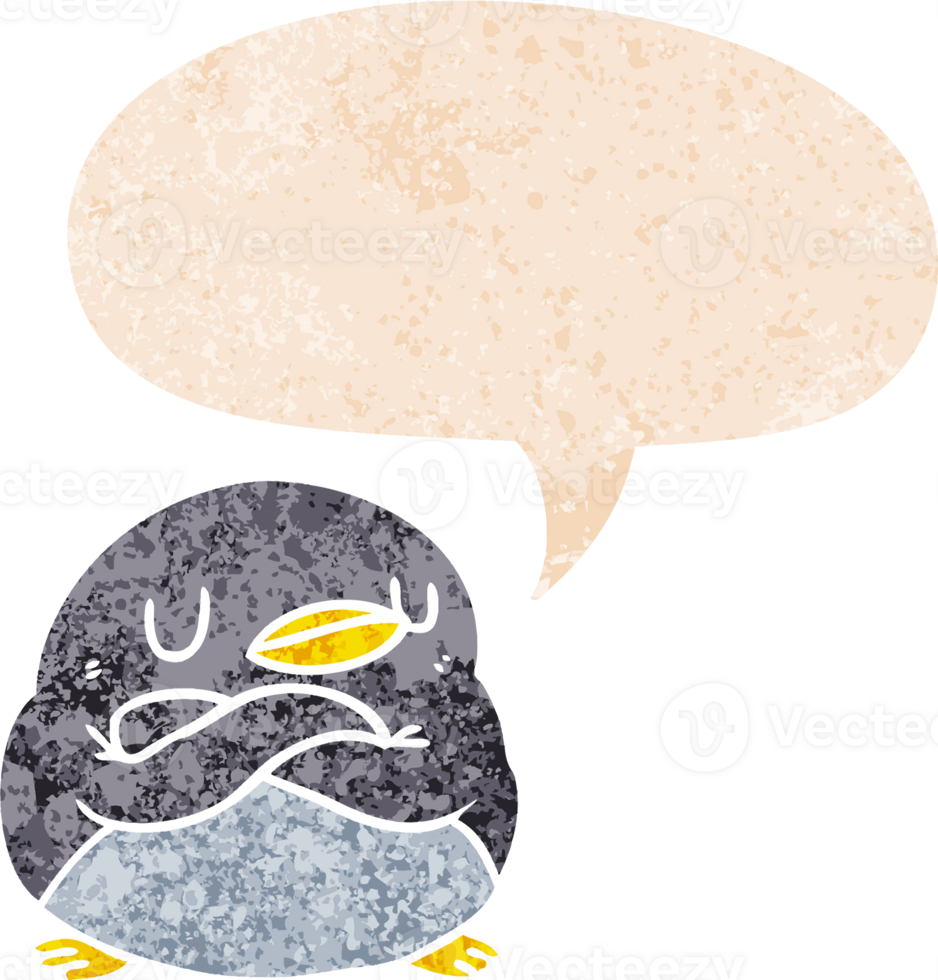 cartoon penguin with speech bubble in grunge distressed retro textured style png