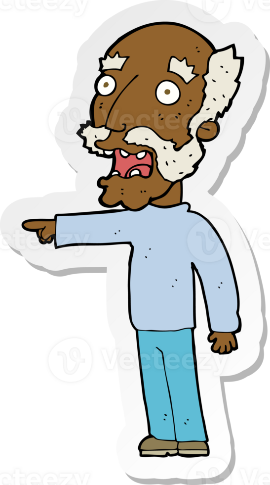 sticker of a cartoon scared old man pointing png