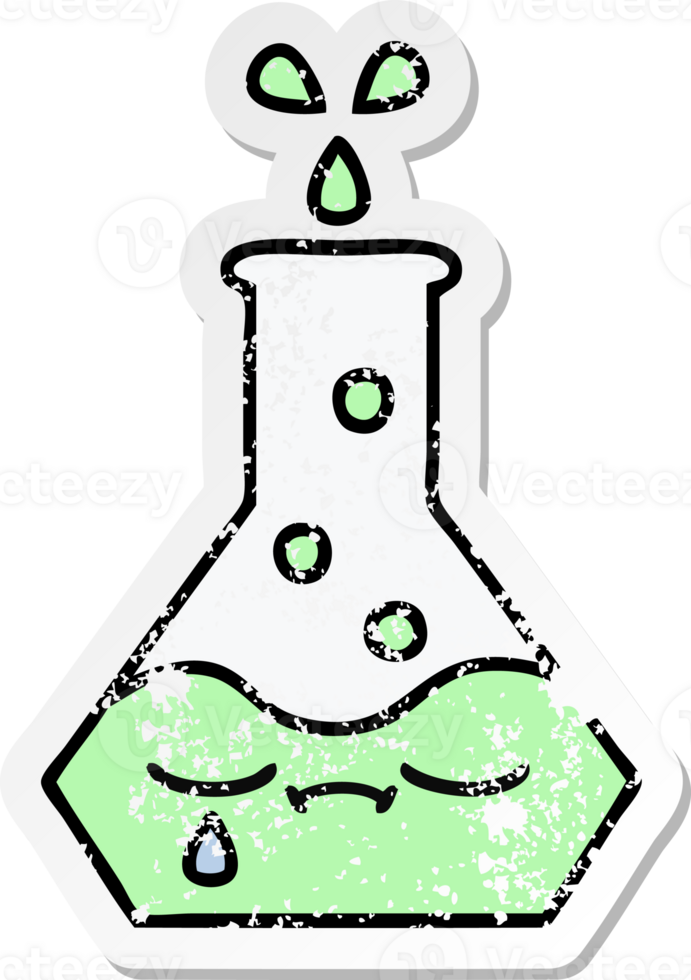 distressed sticker of a cute cartoon science beaker png