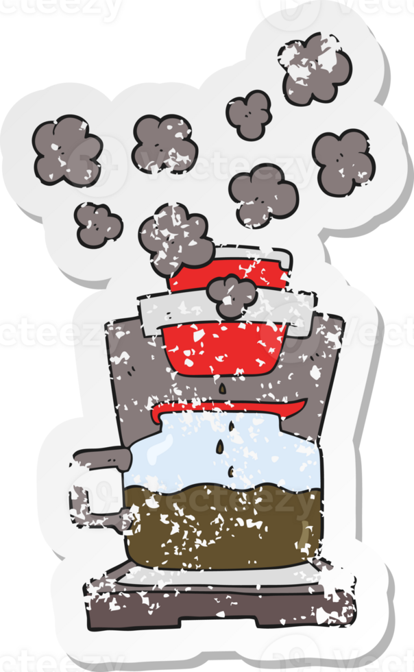 retro distressed sticker of a cartoon coffee maker png