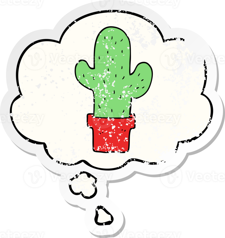 cartoon cactus with thought bubble as a distressed worn sticker png
