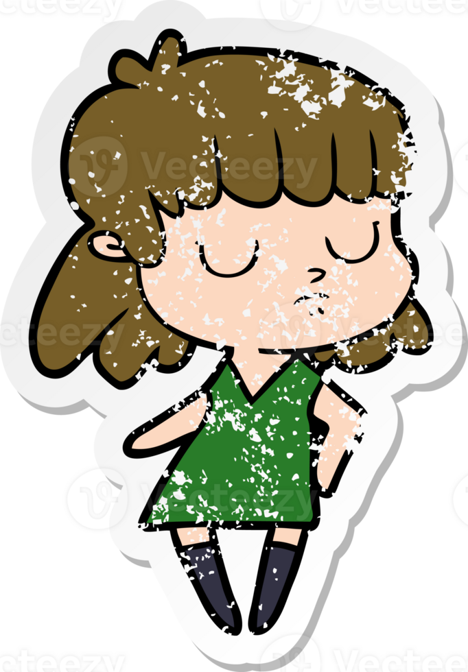distressed sticker of a cartoon indifferent woman png