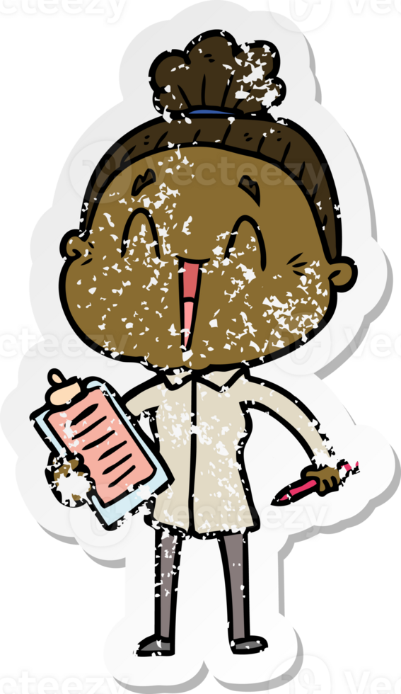 distressed sticker of a cartoon happy old lady png