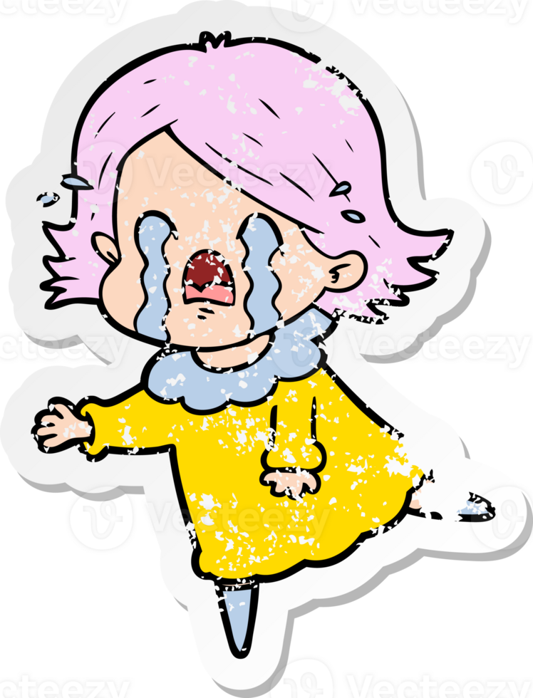distressed sticker of a cartoon woman crying png