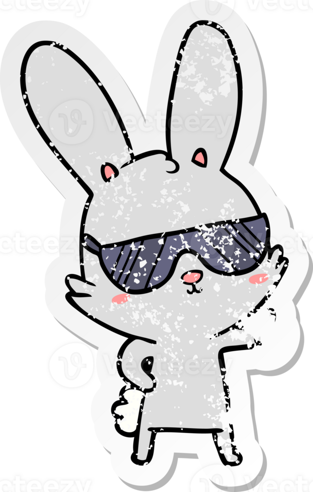 distressed sticker of a cute cartoon rabbit wearing sunglasses png