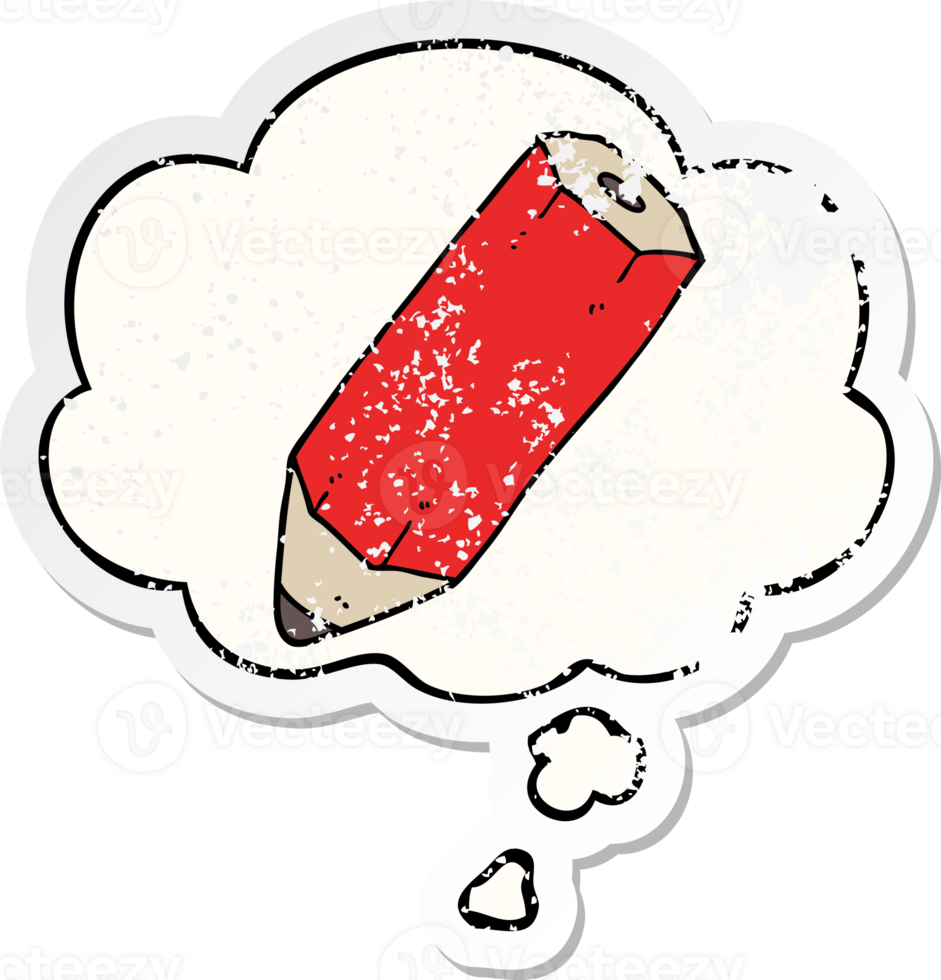 cartoon pencil with thought bubble as a distressed worn sticker png